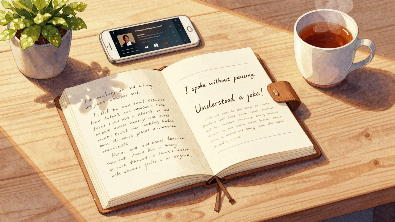 Open journal with progress notes beside a podcast-playing phone.