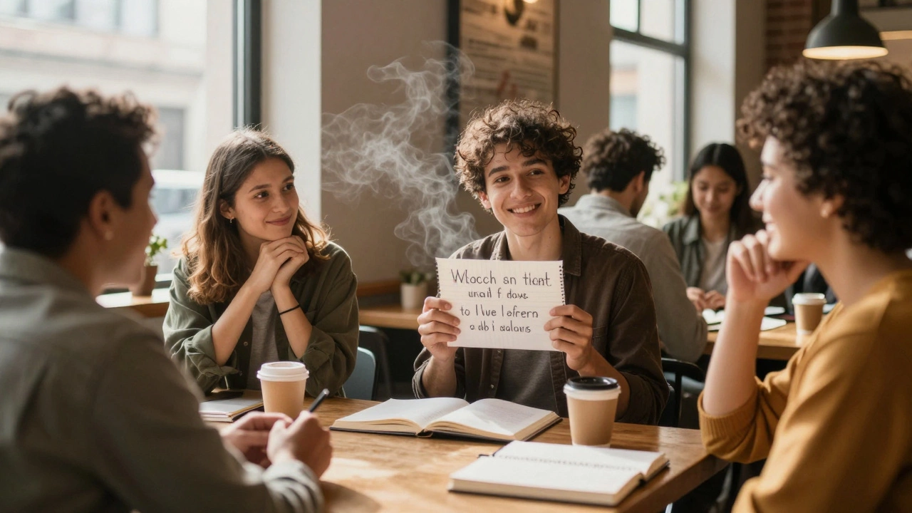 People in a café chatting comfortably, one speaking English with a smile despite mistakes.