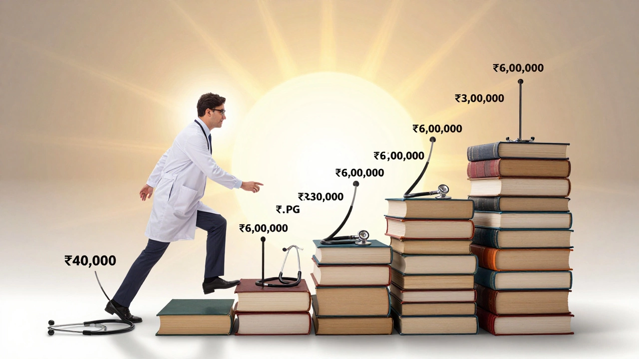 Staircase of medical milestones leading from entry-level pay to private practice success.