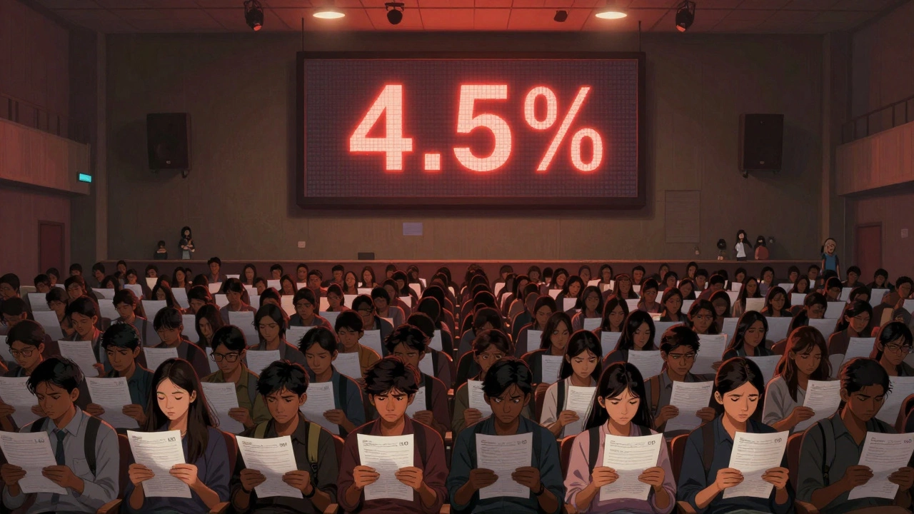 Thousands of students taking an exam in a silent, crowded hall under intense lighting.