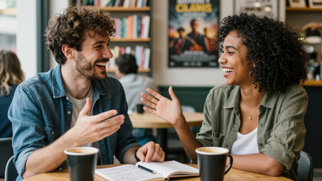 Two people chatting confidently in a café while learning English together.