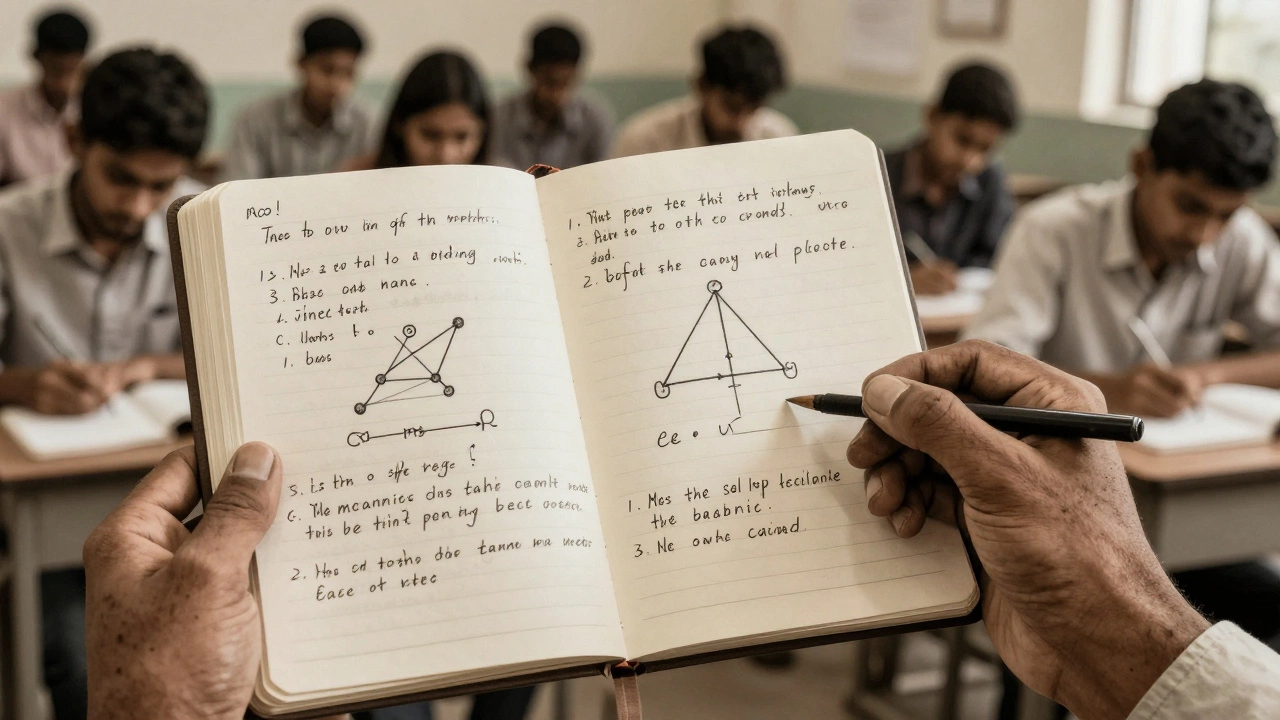 Weathered hands hold a notebook with a hand-drawn free-body diagram, symbolizing a simple yet powerful teaching method.