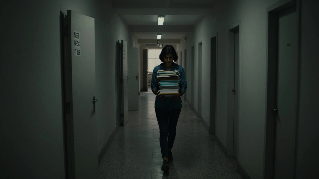 A lone figure walking down a dark corridor past exam-labeled doors, lit by a distant study room.