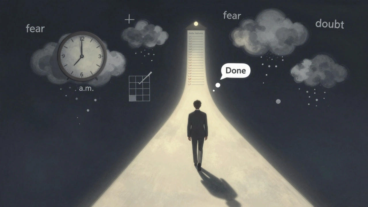 A path of daily study habits leading to a merit list, with a determined figure walking forward.