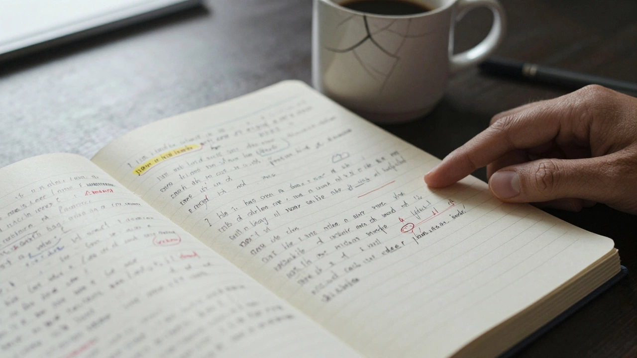 An open notebook with handwritten corrections and a coffee mug on a study table.