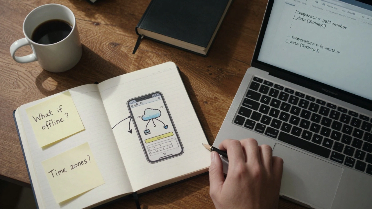 Desk with hand-drawn app blueprint and sticky notes beside a laptop showing one line of code