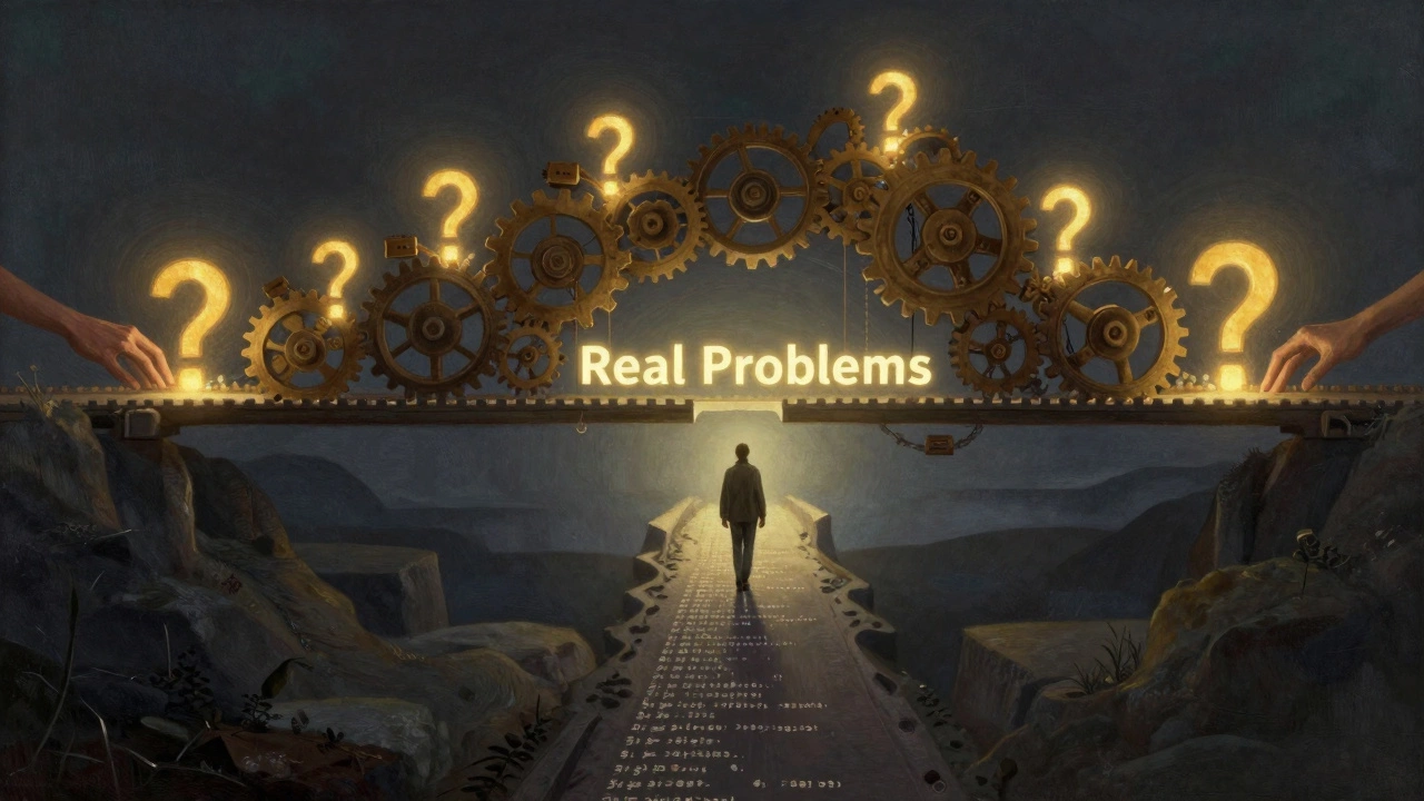 Figure walking on keystroke path under a glowing bridge of logic gears and question marks