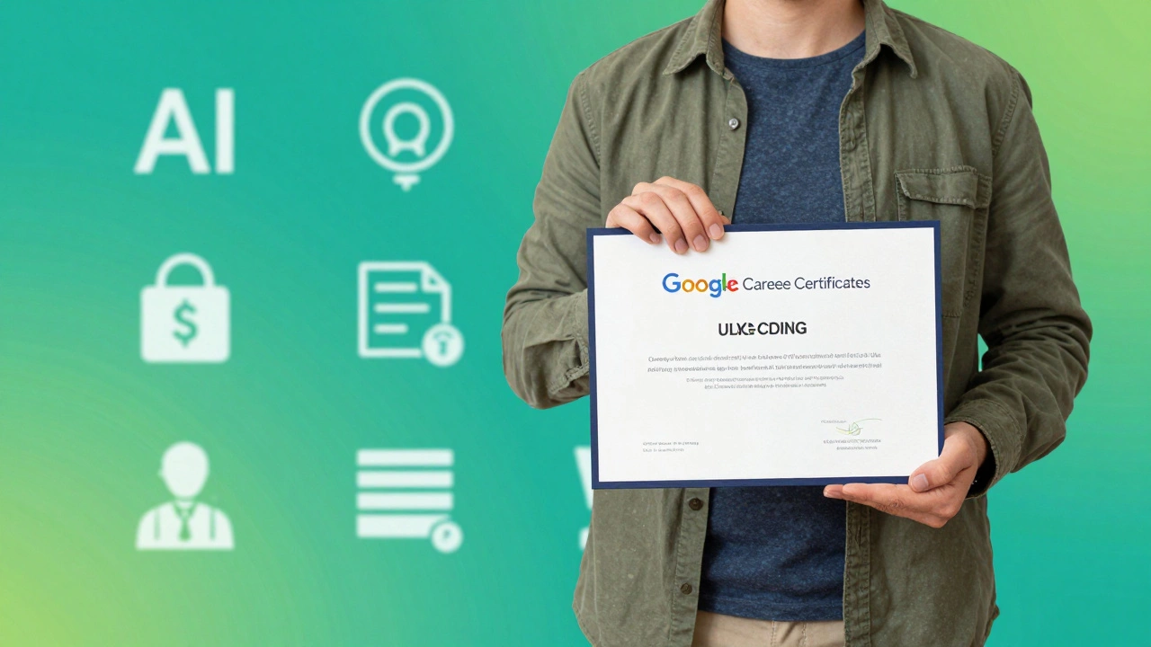 Person holding a Google certificate with digital icons representing in-demand tech careers.