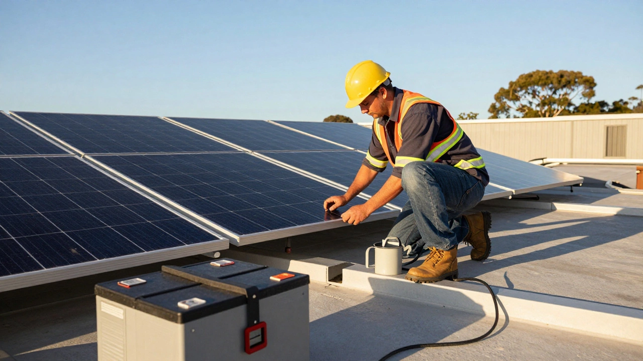 Solar technician installing solar panels on a rooftop during golden hour in Australia.