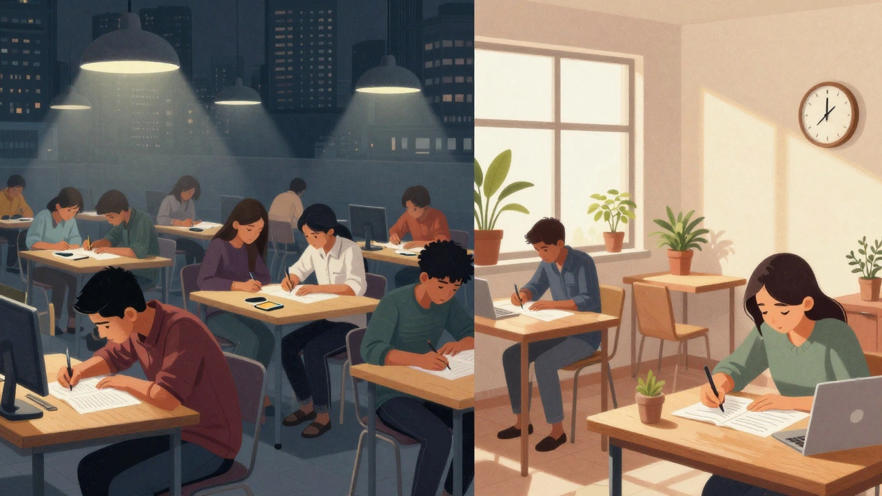 Split scene: chaotic Delhi coaching center on left, calm Hyderabad study room on right, symbolizing pressure vs. balance.