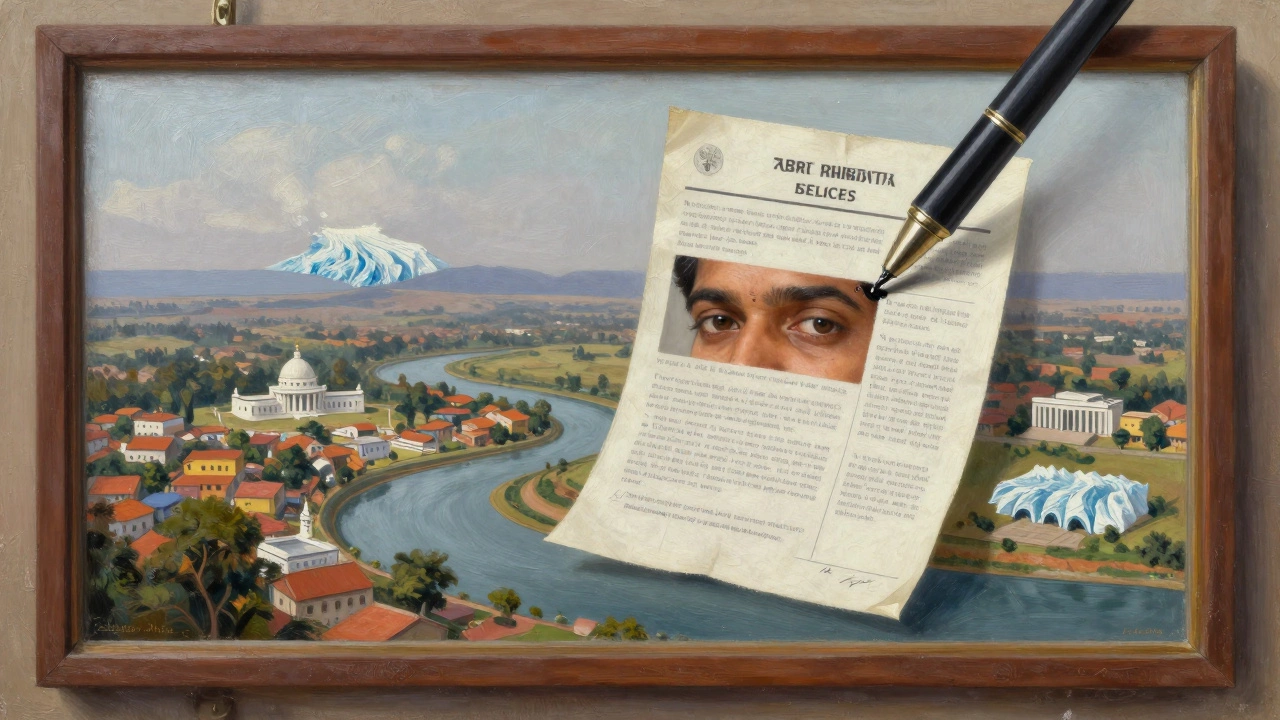 A mirror reflects India's landscape as a pen writes policy, merging personal struggle with national duty.