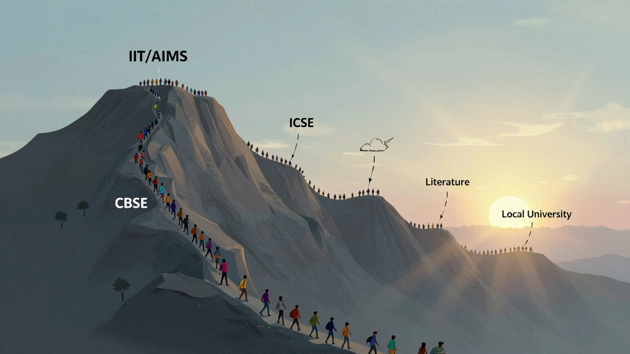 A mountain path symbolizing CBSE's challenging route to top competitive exams, with gentler trails for ICSE and state boards.