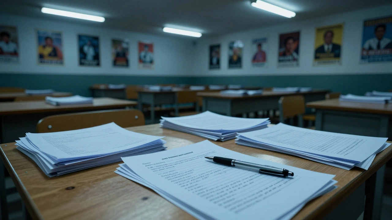 An empty exam hall with stacked answer sheets and a single pen on a desk.