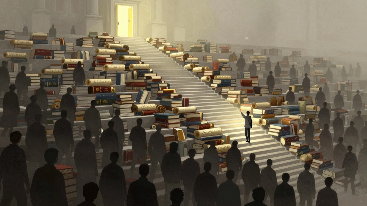 An endless staircase of books leads to a glowing door, symbolizing the UPSC exam journey.