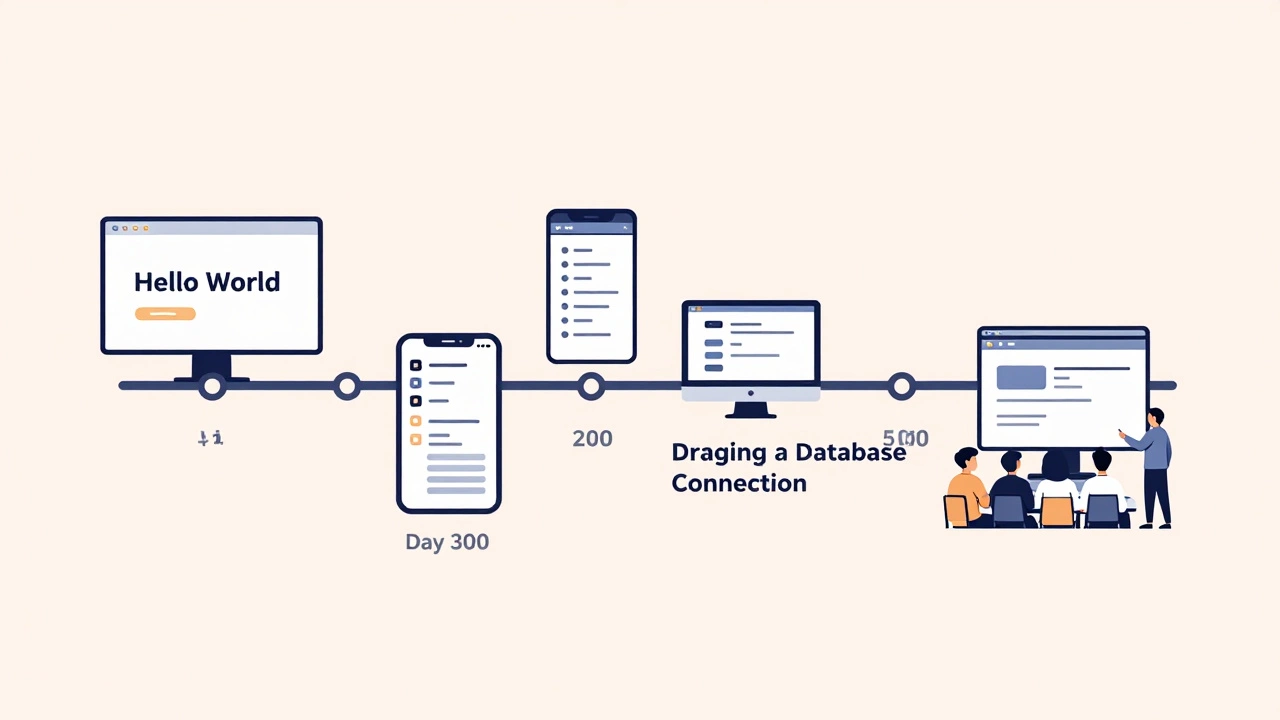 Minimalist timeline showing a person's coding progress from Hello World to building a working app, soft pastel colors.