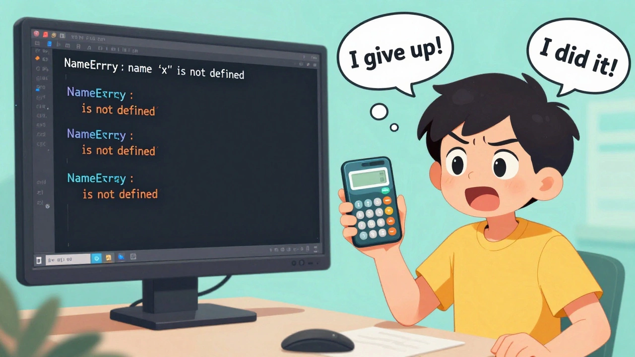 Split-screen illustration: frustrated coder turning into confident one after fixing code, cartoon style with expressive emotions.