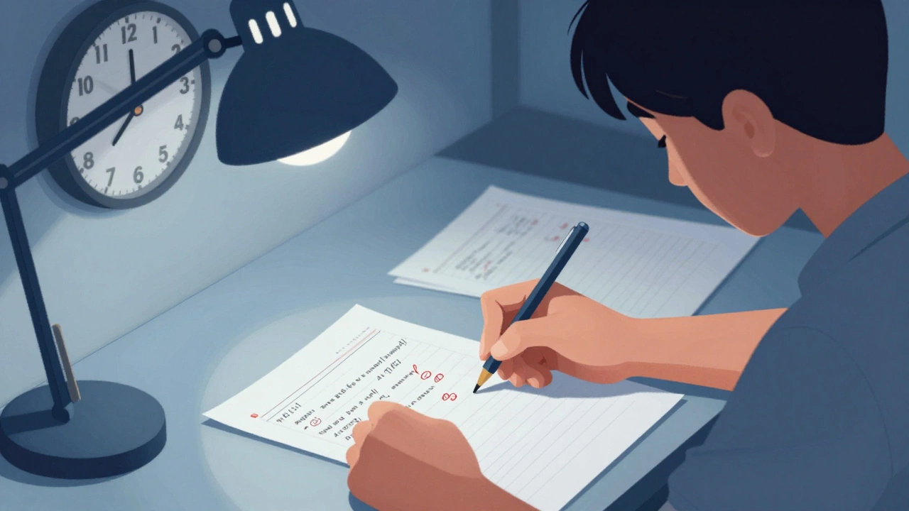 Student taking mock test with scribbled papers and analog clock