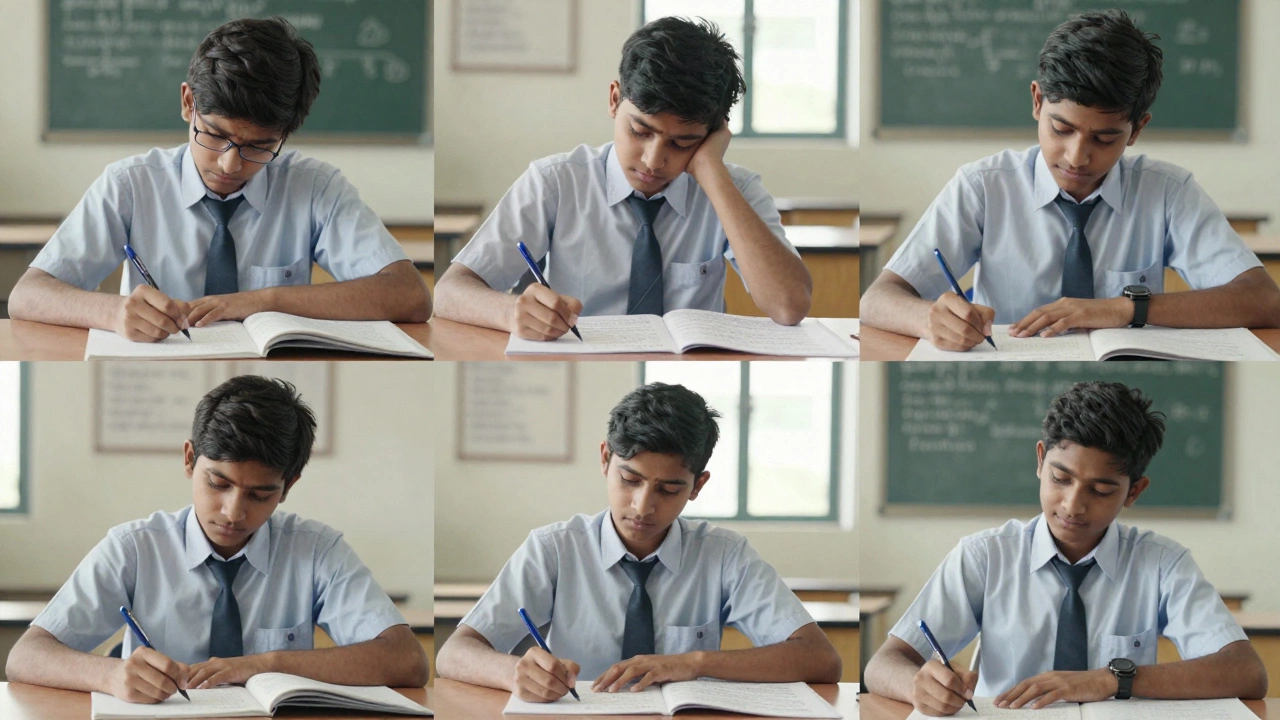 Three Indian students in different educational paths: CBSE solving math problems, ICSE writing essays, state board answering direct questions.