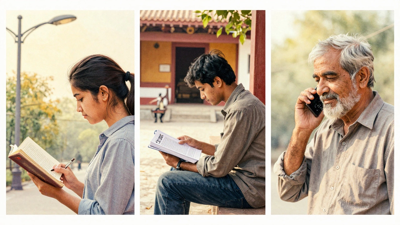 Three individuals representing different stages of UPSC preparation, symbolizing persistence and sacrifice.