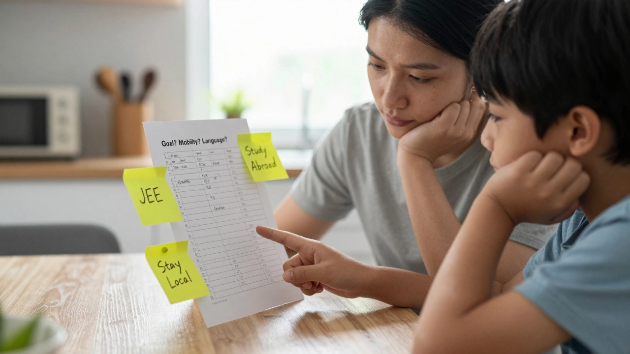 A parent and child at home reviewing a decision checklist for school boards with sticky notes marking goals like JEE, study abroad, and staying local.