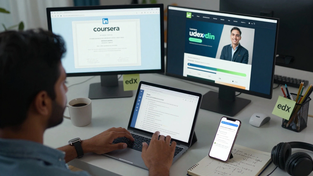 A professional in India using all four online learning platforms at work, with certificates and progress bars visible.