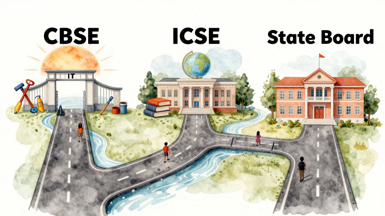 A symbolic map showing three educational paths leading to IIT, global university, and regional college, represented as flowing rivers under a sunrise.