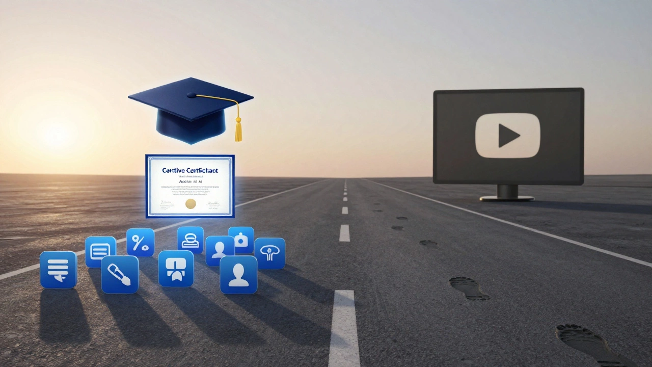 A symbolic path diverging into structured eLearning with certificates versus a dead-end of unstructured online videos.
