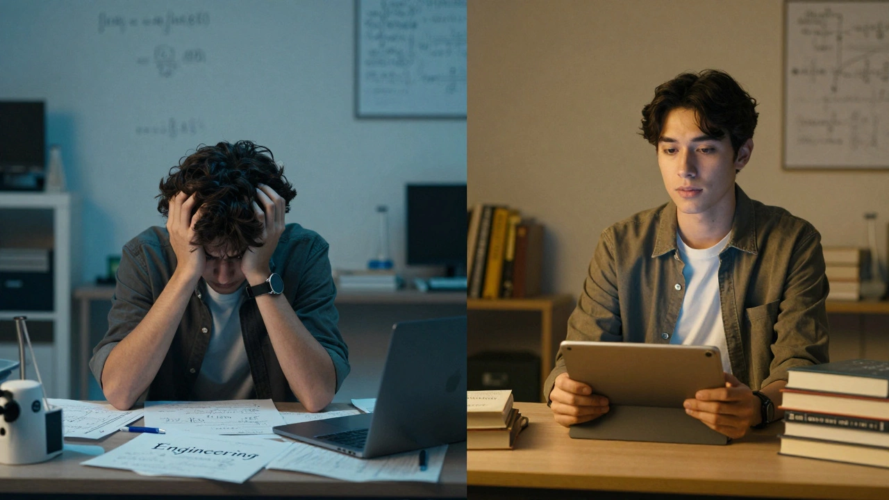 Contrast between stressful STEM studies and calm humanities work in academic setting.