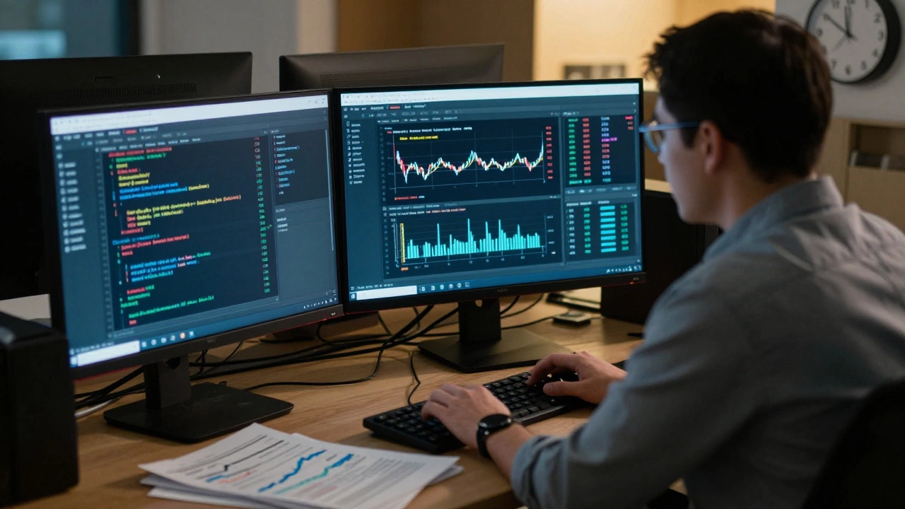 Financial analyst running automated stock analysis scripts in a dimly lit office at night.