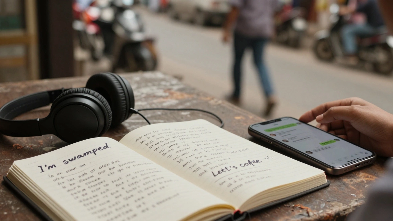 Notebook with practical English phrases beside headphones, person walking in a busy street.