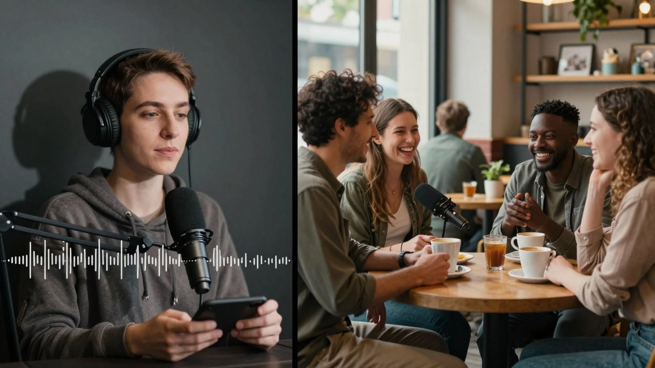 Person shadowing a podcast while others chat naturally in a café, showing real conversation.