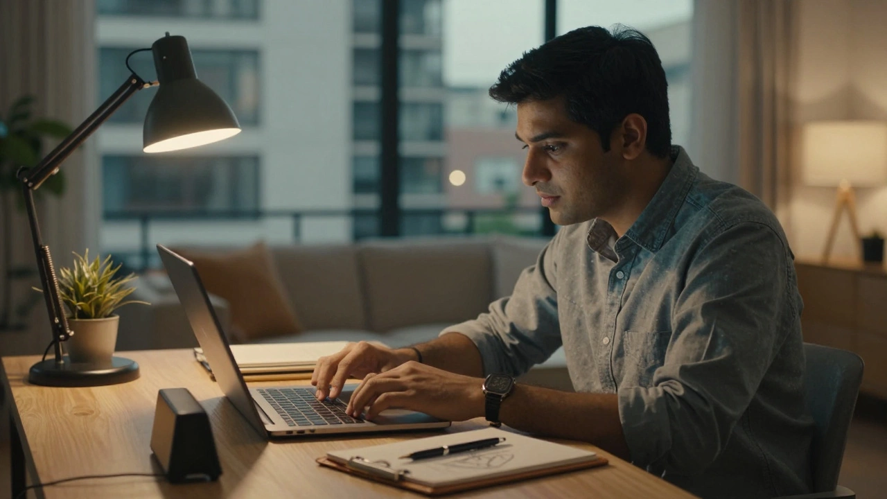 Professional practicing interview skills with a timer and notebook on desk.