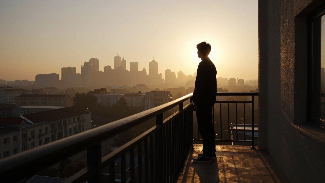 Student silhouette on balcony looking at sunrise.