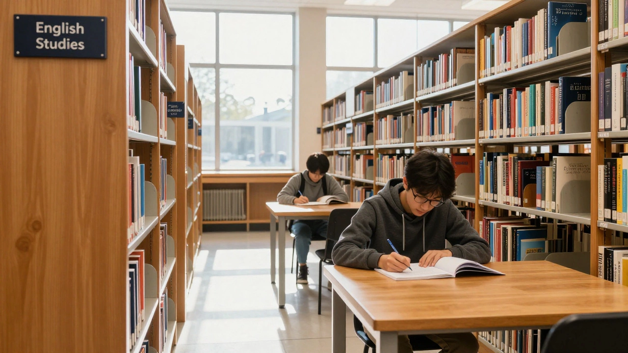 Student writing an essay in a quiet library surrounded by humanities books and sunlight.