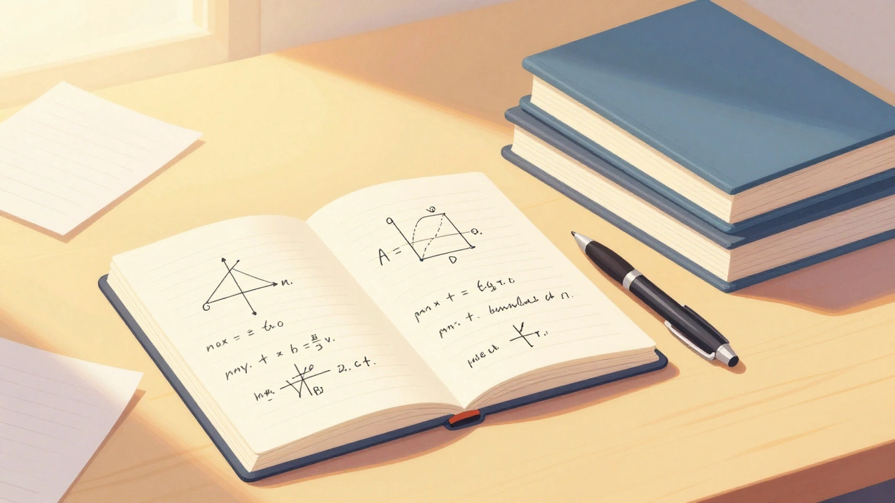 Study desk with open books and pen in morning sunlight.