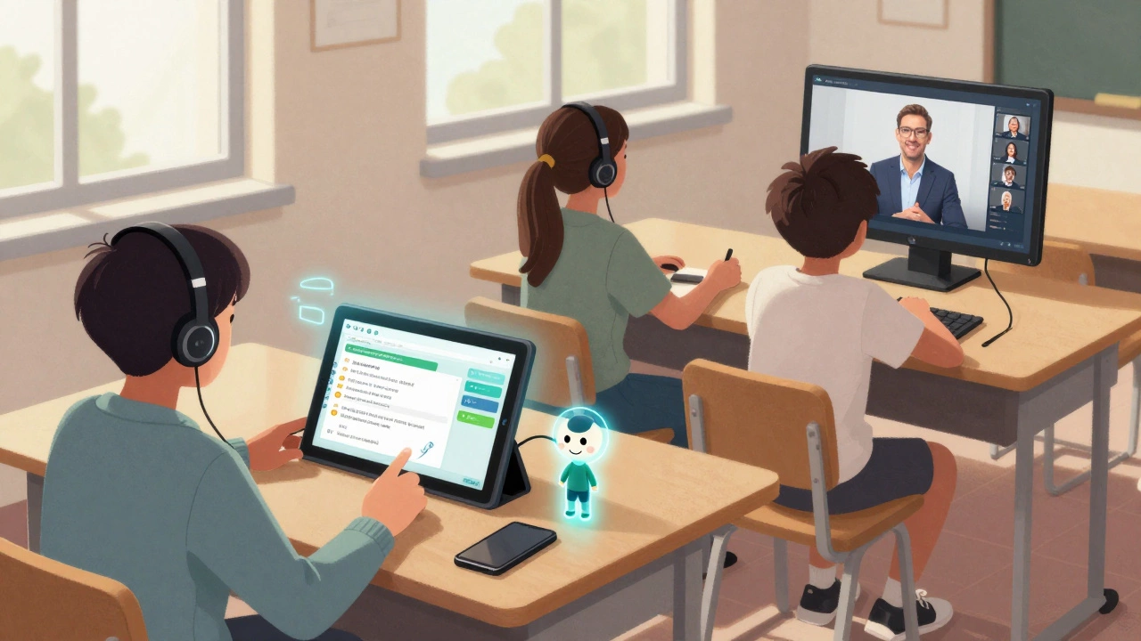 Two classroom scenes: one with interactive adaptive learning devices, the other with passive Zoom lectures.