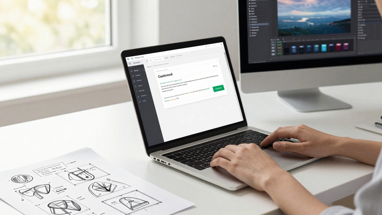 UX designer creating a web prototype with HTML and CSS, next to a hand-drawn wireframe.