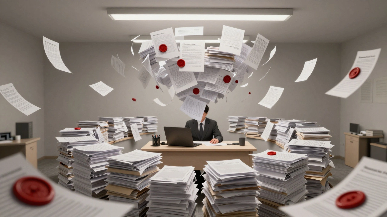 A professional worker surrounded by a surreal whirlwind of official government paperwork
