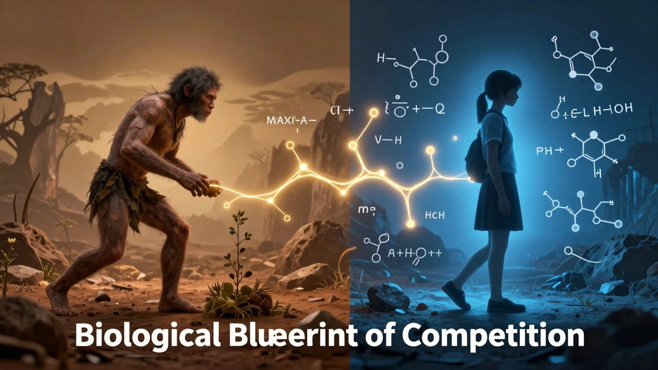 Comparison of a primitive human and a modern student linked by dopamine pathways