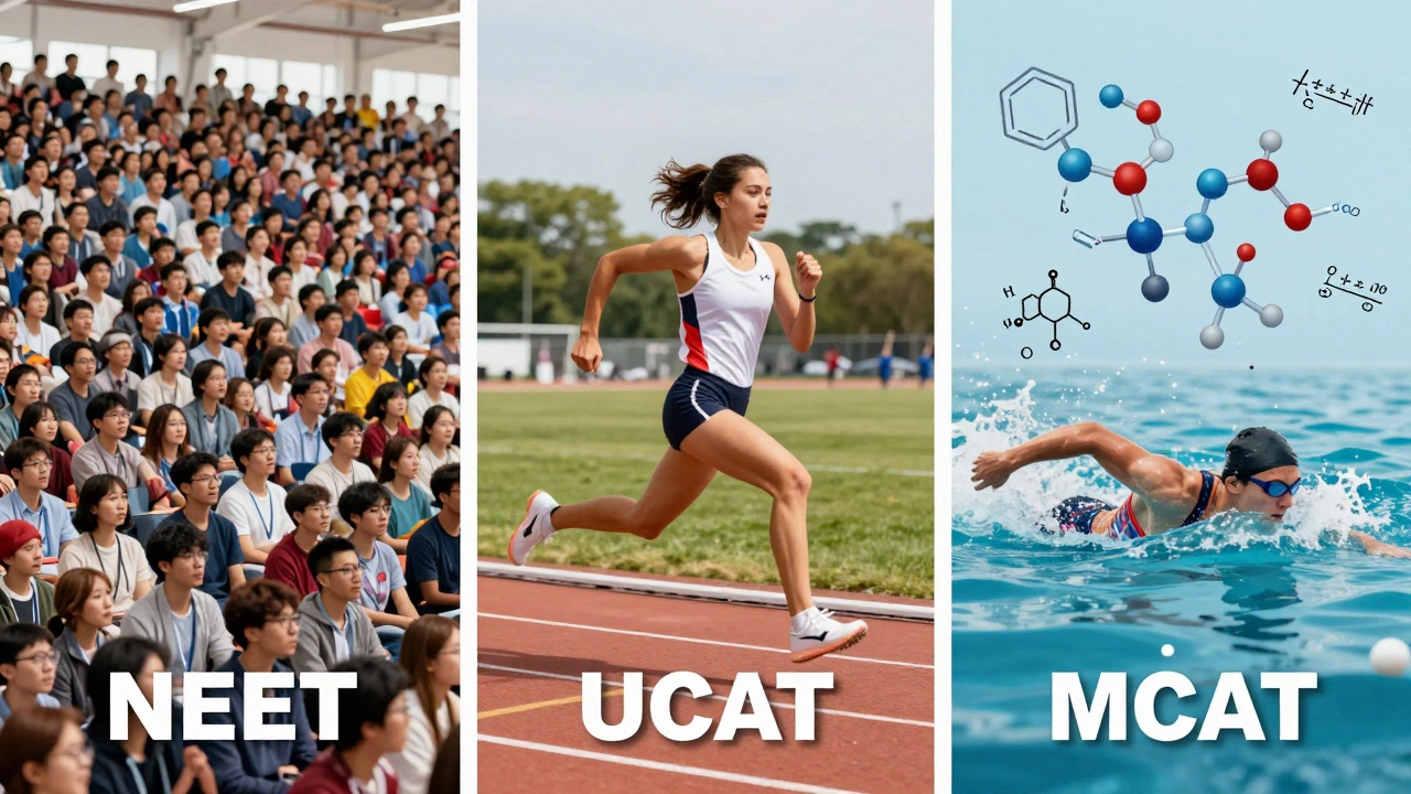 Comparison of NEET, UCAT, and MCAT depicted as a crowd, a sprint, and a complex triathlon.