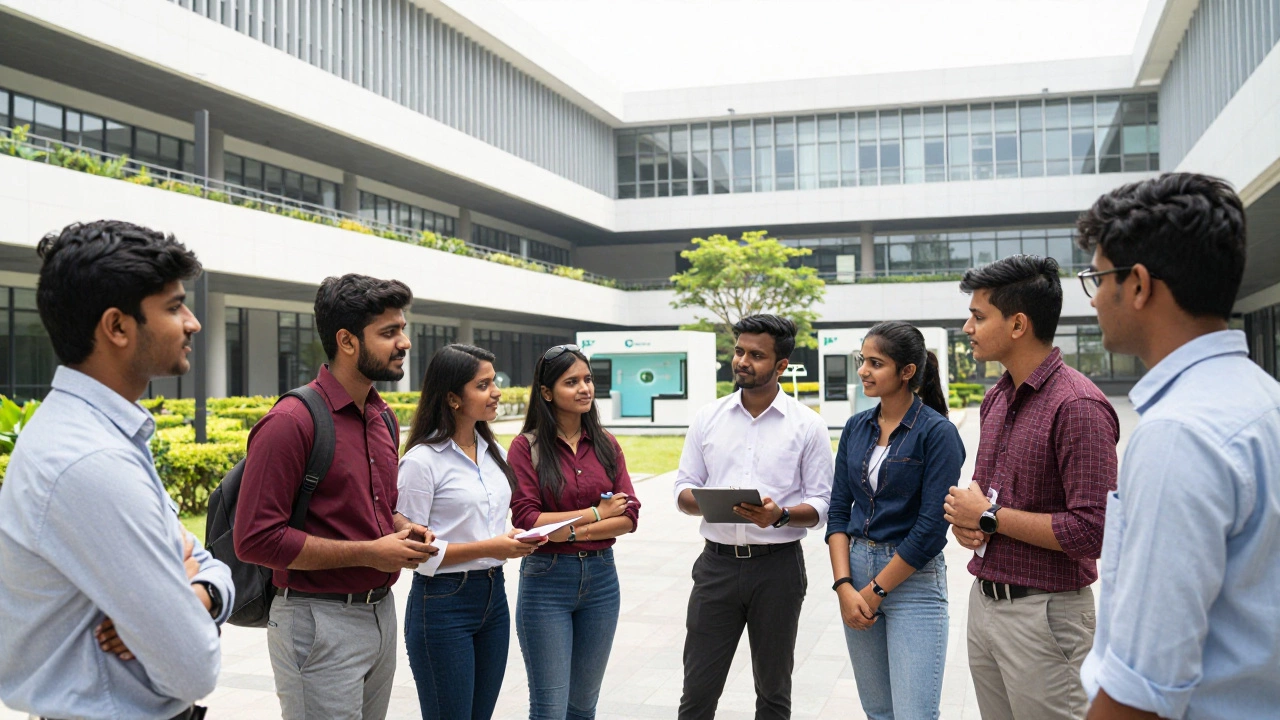 Confident students collaborating on a prestigious modern Indian university campus