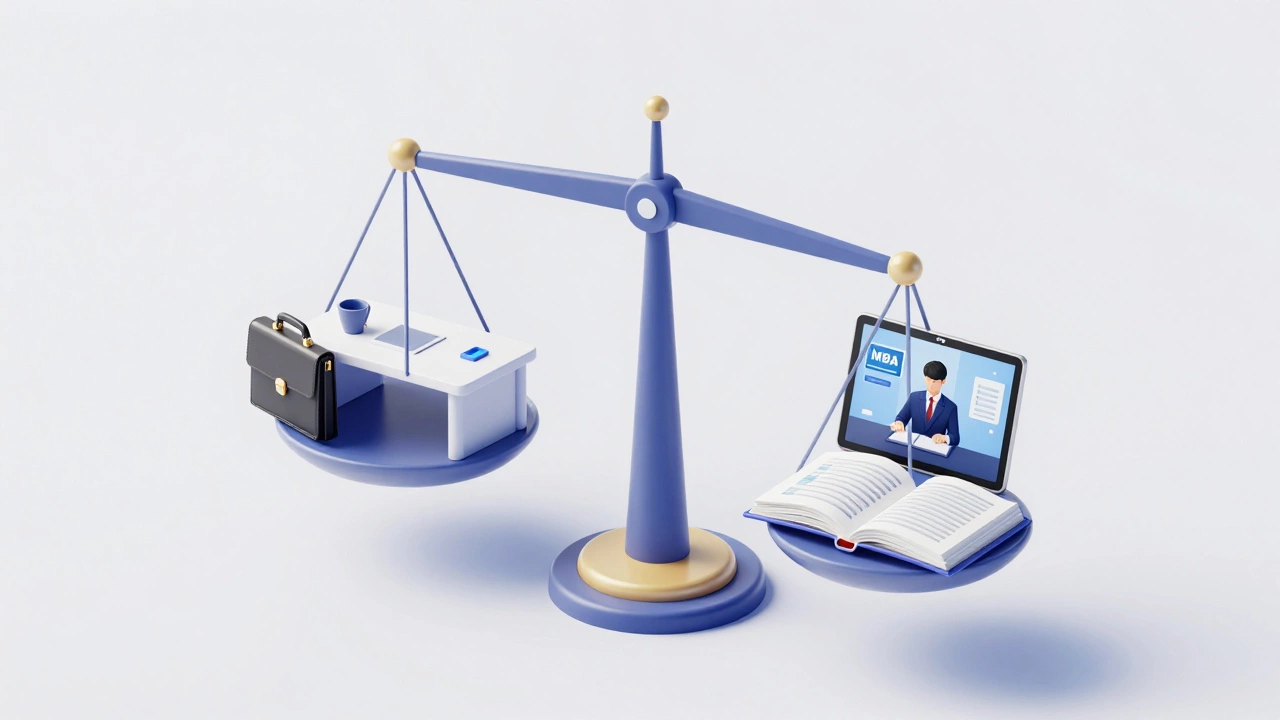 Isometric illustration of a balance between a professional career and online MBA studies.