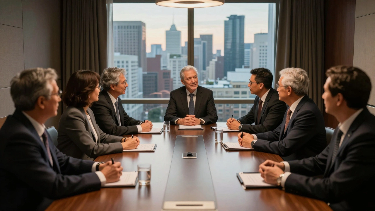 Senior executives collaborating in a luxury boardroom during an EMBA residency.