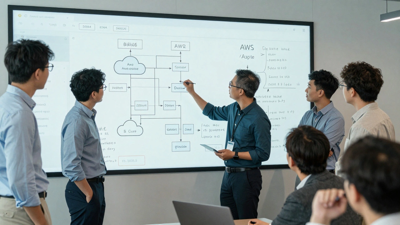 Software engineers collaborating on complex system architecture at a whiteboard