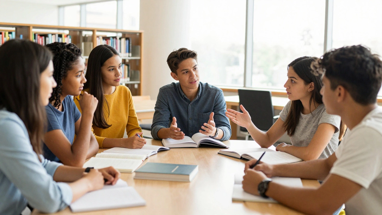 Students collaborating and sharing knowledge in a bright, modern library