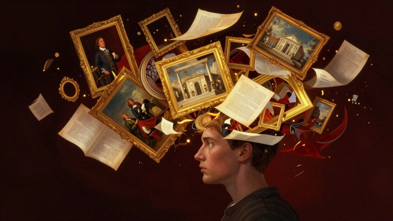 Surreal art showing a student's mind overwhelmed by art and philosophy fragments from the CARS section.