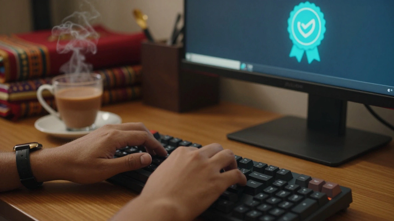 Close up of hands typing with a glowing agile certification badge on screen
