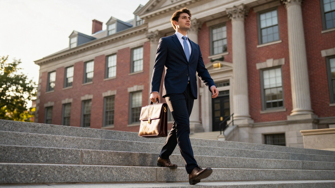 Confident applicant walking towards Harvard Business School building