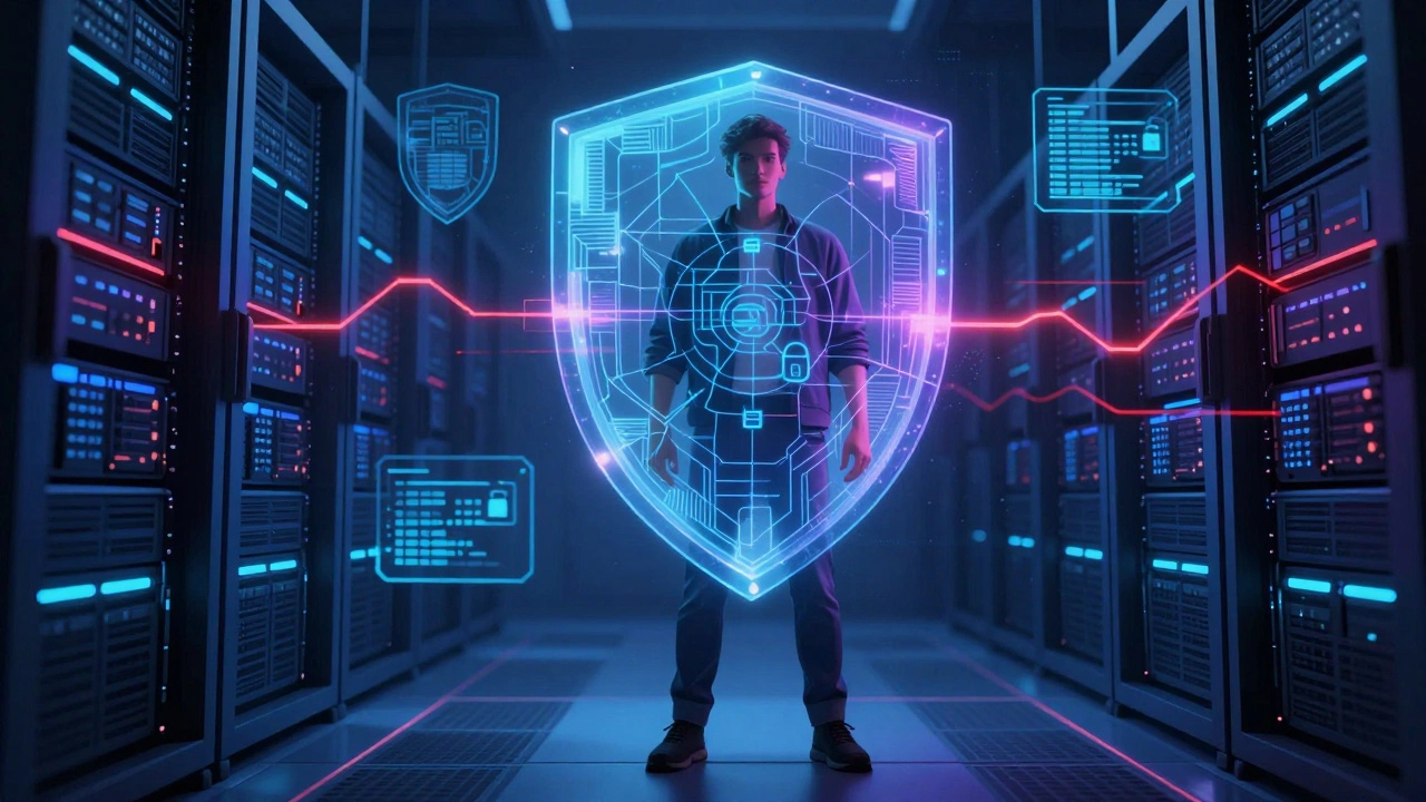 Cybersecurity analyst protecting digital infrastructure with holographic shields