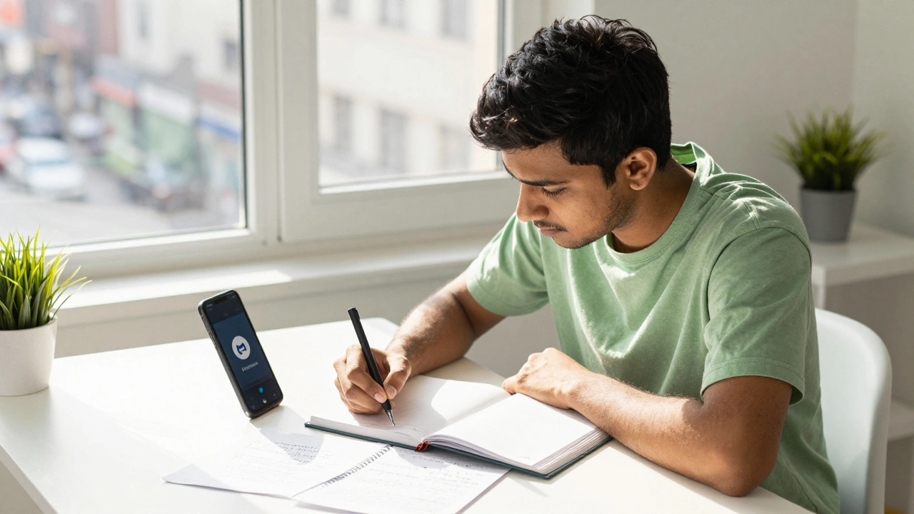 Focused learner taking handwritten notes in bright home office